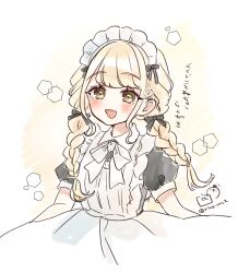 1girl :d apron black_bow black_dress blonde_hair blush bow braid brown_background brown_eyes collared_dress commentary_request dress fang frilled_apron frills fujita_kotone gakuen_idolmaster hair_bow idolmaster long_hair looking_at_viewer low_twintails maid maid_apron maid_headdress open_mouth puffy_short_sleeves puffy_sleeves rino_cnc short_sleeves smile solo translation_request twin_braids twintails twitter_username white_apron white_bow