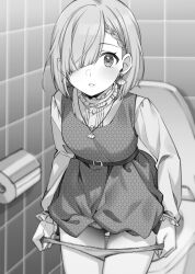 Rule 34 | 1girl, belt, belt buckle, blouse, braid, buckle, dress, earrings, frilled sleeves, frills, greyscale, hair over one eye, highres, indoors, jewelry, long sleeves, looking at viewer, monochrome, necklace, official art, panties, panty pull, parted lips, shirt, short hair, solo, toilet, toilet paper, toilet stall, tomari (veryberry00), tomodachi no imouto ga ore ni dake uzai, tsukinomori mashiro, underwear, undressing