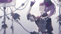 1girl arm_cutout asahina_mafuyu black_dress black_gloves commentary dress dress_flower flower gem gloves hat high_ponytail highres holding holding_gem intravenous_drip ivy lily_(flower) long_sleeves looking_up maigo_no_te_wo_hiku_sono_saki_wa_(project_sekai) nurse_cap plant ponytail project_sekai purple_eyes purple_flower purple_hair shityu sidelocks solo sparkle tricologe_(vocaloid) vines white_flower