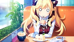 1girl arm_rest black_ribbon blank_eyes blonde_hair blue_scrunchie booth_seating cake closed_mouth comedic_teardrop cup day dress elbow_rest food fork game_cg grisaia_(series) grisaia_no_meikyuu hair_ribbon heart heart_necklace holding holding_fork indoors jewelry large_variant_set long_hair long_sleeves looking_at_viewer menu necklace no_nose non-web_source on_chair plaid_clothes plaid_dress plant plate red_dress restaurant ribbon scrunchie shirt sitting sleeveless sleeveless_dress sleeves_past_wrists solo strawberry_cake table tea teacup teapot turtleneck turtleneck_shirt twintails utensil_in_mouth variant_set watanabe_akio white_shirt wind wrist_scrunchie