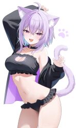 1girl :d absurdres ahoge animal_ear_fluff animal_ears bikini black_jacket breasts cat_cutout cat_ear_bikini cat_ears cat_tail clothing_cutout hashtag-only_commentary highres hololive jacket long_sleeves looking_at_viewer medium_breasts nannung navel nekomata_okayu open_mouth purple_eyes purple_hair short_hair simple_background smile solo swimsuit tail virtual_youtuber white_background