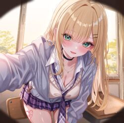 1girl :d =_hair_ornament black_choker blonde_hair breasts choker classroom cleavage collared_shirt commentary_request day desk green_eyes grey_jacket hair_ornament hairclip heart heart_tattoo highres hood hooded_jacket indoors jacket jewelry kurumi_noah large_breasts leaning_forward leg_tattoo long_hair looking_at_viewer loose_necktie miniskirt necklace necktie open_mouth plaid_clothes plaid_necktie plaid_skirt pleated_skirt pov purple_necktie reaching reaching_towards_viewer sa-ya2 school_desk school_uniform shirt single_sidelock skirt smile solo sweater tattoo virtual_youtuber vspo! white_shirt white_sweater