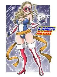 1girl american_flag american_flag_print ball blonde_hair blue_leotard boots breasts brown_eyes character_name cleavage_cutout closed_mouth clothing_cutout commentary cosplay covered_navel domino_mask earrings elbow_gloves electricity flag_print full_body girls_und_panzer gloves hair_pulled_back hairband high_heel_boots high_heels highleg highleg_leotard holding holding_ball jewelry kamen_america kamen_america_(comic) kamen_america_(cosplay) leotard long_hair looking_at_viewer mask medium_breasts orange_sash outside_border ponytail print_boots print_gloves print_leotard sasaki_akebi leotard smile solo standing takahashi_kurage thigh_boots volleyball_(object) white_hairband