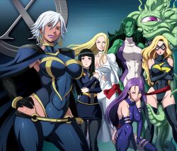 1boy 6+girls armor_(x-men) ass black_hair blonde_hair blue_eyes breast_envy breasts brown_eyes butcha-u carol_danvers cleavage colored_skin crossed_arms curvy dark-skinned_female dark_skin earrings emma_frost green_eyes green_hair green_skin hand_on_own_hip highleg highleg_leotard highres hip_focus huge_breasts jennifer_walters jewelry large_breasts leotard lips lipstick long_hair makeup marvel ms_marvel multiple_girls muscular odd_one_out pantyhose psylocke purple_eyes purple_hair purple_lips red_lips she-hulk shiny_skin shuma_gorath size_difference smile squatting standing storm_(x-men) tentacles thick_lips thick_thighs thighhighs thighs very_long_hair white_hair x-men