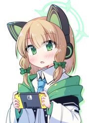 1girl animal_ear_headphones animal_ears aqua_necktie blonde_hair blue_archive blurry blush bow buttons cat_ear_headphones cat_ears collared_shirt commentary depth_of_field dot_nose dress_shirt drop_shadow eyes_visible_through_hair fake_animal_ears green_bow green_eyes green_halo green_jacket hair_bow halftone halo handheld_game_console headphones highres holding holding_handheld_game_console hood hood_down hooded_jacket jacket long_sleeves looking_at_viewer low-tied_sidelocks medium_hair midori_(blue_archive) multicolored_jacket necktie nintendo_switch open_clothes open_jacket parted_bangs parted_lips school_uniform shirt sidelocks simple_background solo upper_body white_background white_jacket white_shirt wide_sleeves wing_collar yuuhi_alpha