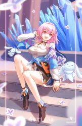 1girl acorn ankle_boots archery_shooting_glove arm_behind_head artist_name badge black_boots black_choker black_corset black_gloves blue_boots blue_eyes blue_jacket blue_skirt boots breasts button_badge buttons camera chinese_commentary choker collarbone commentary_request corset crystal dated dress_shirt earrings flower_ornament full_body gloves high_heel_boots high_heels highres honkai:_star_rail honkai_(series) jacket jewelry large_breasts long_sleeves looking_at_viewer march_7th_(honkai:_star_rail) march_7th_(preservation)_(honkai:_star_rail) medium_hair miniskirt multicolored_boots multicolored_eyes on_stairs open_mouth partial_commentary partially_fingerless_gloves pink_eyes pink_hair pleated_skirt rabbit sea_sand shirt single_earring single_glove sitting skirt smile solo teeth thigh_strap tied_jacket two-tone_boots two-tone_eyes underbust upper_teeth_only white_shirt