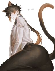 1boy absurdres animal_ears ass ass_focus black_hair black_pants brown_hair cat_boy cat_ears cat_tail earrings genshin_impact gradient_hair hair_between_eyes highres jewelry long_hair long_sleeves male_focus matuka10101 multicolored_hair pants shirt simple_background single_earring solo tail tassel tassel_earrings thighs translation_request white_background white_shirt yellow_eyes zhongli_(genshin_impact)