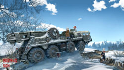 3girls animal_ears apron bag bare_tree black_dress brown_coat cat_ears cat_girl chinese_commentary coat dress english_text forest highres holding holding_shovel looking_at_another maz-543 military_truck military_vehicle motor_vehicle multiple_girls nature original outdoors red_hair red_scarf scarf scenery shoulder_bag shovel shoveling sion005 sky snow spare_tire standing tree truck unused_tire white_apron white_coat white_hair