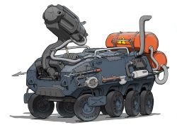 ! armored_personnel_carrier armored_vehicle arrow_(projectile) axe commentary_request drum_(container) exhaust_pipe gatling_santouhei harpoon highres motor_vehicle no_humans original shadow simple_background vehicle_focus wheel white_background