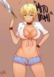 10s 1girl :p absurdres ahoge belt_collar bikini bikini_top_only bikini_under_clothes blonde_hair breasts character_name cleavage collar collarbone contrapposto cowboy_shot dark-skinned_female dark_skin denim denim_shorts female_focus front-tie_shirt green_eyes hair_between_eyes hand_on_own_hip highres large_breasts looking_at_viewer mito_ikumi navel norman_maggot shirt shokugeki_no_souma short_hair short_shorts shorts simple_background solo standing swimsuit tied_shirt tongue tongue_out unbuttoned white_shirt