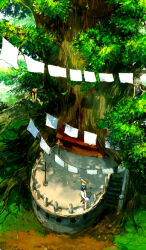 2boys black_hair black_shirt fence from_above gon_freecss grass green_shorts hunter_x_hunter killua_zoldyck minahamu multiple_boys plant scenery shirt shorts sitting stairs tree white_hair