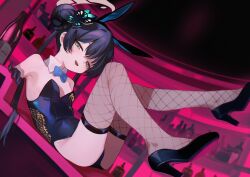 1girl absurdres adapted_costume animal_ears bare_shoulders black_hair black_leotard black_shoes blue_archive blush bow bowtie breasts detached_collar dragon_print duplicate eco_376124 fake_animal_ears fishnets full_body gloves hair_bun hair_ornament high_heels highres holding kisaki_(blue_archive) leotard loli long_hair looking_at_viewer lying official_alternate_costume open_mouth playboy_bunny rabbit_ears shoes smile solo strapless strapless_leotard thighhighs thighs wrist_cuffs