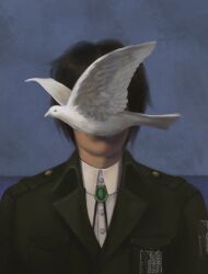 1boy bird black_coat black_hair blue_background bolo_tie breast_pocket buttons coat collared_shirt commentary covered_face dove english_commentary eren_yeager fine_art_parody fusssker highres male_focus military_uniform parody pocket shingeki_no_kyojin shirt short_hair survey_corps_(emblem) the_son_of_man_(magritte) upper_body white_bird white_shirt