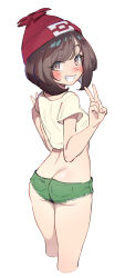 1girl ass back beanie blush brown_eyes brown_hair butt_crack creatures_(company) double_v from_behind game_freak green_shorts grin hat looking_at_viewer looking_back nintendo pokemon pokemon_sm red_hat selene_(pokemon) shirt short_hair short_shorts shorts smile solo swept_bangs teeth ter_(otokoter) tied_shirt v