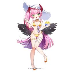 1girl :3 :d angelic_link bikini black_wings blush breasts commentary_request eyewear_hang food fruit full_body gold_bikini green_eyes hat holding holding_shaved_ice holding_spoon horns long_hair looking_at_viewer noi_mine official_art open_mouth orange_(fruit) orange_slice pearl_hair_ornament pink_hair ponytail purson_(angelic_link) shell_hair_ornament simple_background small_breasts smile solo spoon standing standing_on_one_leg straw_hat swimsuit tachi-e thigh_gap thigh_strap unworn_eyewear white_background wings
