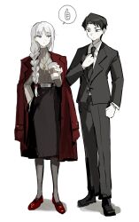 1boy 1girl angelica_(project_moon) black_eyes black_hair black_jacket black_pants black_shoes black_skirt black_suit blue_eyes braid brown_sweater closed_mouth coat coat_on_shoulders collared_shirt commentary_request formal_clothes full_body highres jacket lapels library_of_ruina long_hair long_sleeves looking_to_the_side notched_lapels pants pantyhose parted_bangs project_moon rai_(r2718281) red_coat red_shoes ribbed_sweater roland_(project_moon) shirt shoes skirt smile suit sweater white_hair white_shirt
