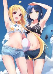 Rule 34 | 2girls, ahoge, arm up, ball, beachball, bikini, black bikini, blonde hair, blue hair, blue shorts, blue sky, bocchi the rock!, breasts, cloud, denim, denim shorts, feet out of frame, floral print, halterneck, highres, ijichi nijika, inflatable shark, inflatable toy, long hair, medium breasts, minosu, multiple girls, red eyes, short hair, shorts, side ponytail, sky, smile, swimsuit, white bikini, yamada ryo, yellow eyes
