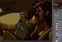 1boy 1girl arm_hair art_program_in_frame beard_stubble black_coat black_hair bleeding blonde_hair blood blood_splatter car_interior clenched_teeth coat driving facial_hair grabbing_another&#039;s_hair guro high_ponytail jewelry looking_at_another necklace nekromaxxing off_shoulder open_mouth original ponytail seatbelt sepia short_hair skinned stubble teeth