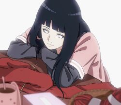 1girl black_hair blunt_bangs closed_mouth highres hyuuga_hinata long_hair long_sleeves naruto:_the_last naruto_(series) needle no_pupils red_scarf scarf sewing_needle solo upper_body weibinln white_background white_eyes