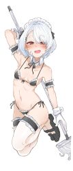 1girl absurdres arm_garter bikini black_bikini blush breasts fangs full_body gloves highres holding holding_mop looking_at_viewer maid maid_bikini maid_headdress mop navel open_mouth original red_eyes short_hair side-tie_bikini_bottom simple_background small_breasts solo swimsuit thighhighs unconventional_maid wasabijoyu76 white_background white_hair white_thighhighs
