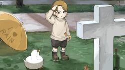 1girl aged_down beer_bottle bird black_shorts blonde_hair blue_eyes boots bottle brown_boots chicken commentary crying crying_with_eyes_open diva_(hyxpk) duck english_commentary flower grave grey_shirt highres little_nuns_(diva) mole mole_on_cheek rain salute shirt short_hair shorts solo strict_nun_(diva) tears umbrella yellow_umbrella