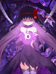 1girl absurdres akemi_homura akuma_homura black_dress black_hair bow bow_hairband commentary dress feathered_wings floating_gem gem hairband highres long_hair looking_at_object mahou_shoujo_madoka_magica mahou_shoujo_madoka_magica:_hangyaku_no_monogatari open_mouth purple_eyes purple_gemstone red_bow red_hairband smile solo soul_gem toge_delta wings