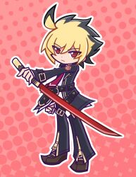 1boy absurdres ahoge b1n04 black_hair blonde_hair highres kido_hyde male_focus multicolored_hair necktie parody puyopuyo red_eyes reverse_grip school_uniform short_hair solo style_parody sword two-tone_hair under_night_in-birth weapon