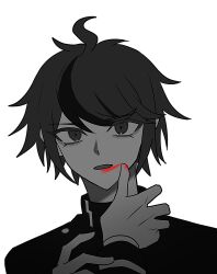 ahoge blood blood_on_face greyscale highres last_defense_academy_school_uniform looking_at_viewer messy_hair monochrome multicolored_hair open_mouth pov pov_hands simple_background smeared_blood smearing solo_focus sumino_takumi the_hundred_line_-last_defense_academy- upper_body white_background