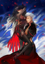 1boy 1girl adapted_costume angra_mainyu angra_mainyu_(fate) archer_(fate) black_hair brown_eyes carrot_(supercarrot) corruption cosplay dark-skinned_male dark_persona dark_sakura dark_sakura_(cosplay) dark_skin dark_tohsaka_rin fate/stay_night fate_(series) garter_straps heterochromia highres jewelry long_hair long_legs matou_sakura multicolored_hair pendant possessed possession red_eyes striped thighhighs tohsaka_rin two-tone_hair two_side_up vertical_stripes white_hair