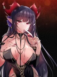 breasts cup demon_girl demon_horns drinking_glass horns large_breasts purple_hair qtenka red_eyes tenkafuma wine_glass