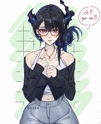 1girl absurdres alternate_costume asymmetrical_horns bare_shoulders blush breasts collarbone colored_inner_hair crystal_horns demon_horns denim earrings english_text flower glasses grid_background hair_up high-waist_pants highres hololive hololive_english horn_flower horns jeans jewelry keisea large_breasts long_sleeves looking_at_viewer mole mole_under_eye multicolored_hair navel necktie nerissa_ravencroft off_shoulder pants parted_lips pointing pointing_at_self red_eyes red_necktie solo speech_bubble split-color_hair tank_top two-tone_hair uneven_horns white_background white_tank_top