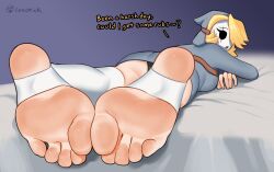 1girl 2022 artist_logo artist_name ass belt black_panties blonde_hair borrowed_character breasts brown_belt commentary commission english_commentary english_text foot_focus foreshortening garter_straps grey_hoodie hair_over_one_eye hood hood_up hoodie large_breasts locket_white_(bakalorin) logo loodrick looking_at_viewer looking_back lying mario_(series) nintendo on_bed on_stomach open_mouth original panties pantyshot shy_gal sleeves_past_wrists soles swept_bangs teeth thighhighs underwear upper_teeth_only white_mask white_thighhighs
