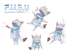 1other ahoge animal_ear_piercing animal_ears aqua_neckerchief blue_pupils commentary cosplay flashlight fox_ears fox_tail highres holding holding_flashlight hololive hyde_(tabakko) neckerchief nervous_sweating r.e.p.o. semibot shirakami_fubuki shirakami_fubuki_(cosplay) simple_background standing sweat tail virtual_youtuber white_background white_hair