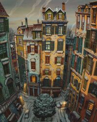 awning balcony building chimney door drainpipe francisco_fonseca highres house lamppost no_humans open_window_shutter original pine_tree rooftop smoke suburb tree window_blinds window_light