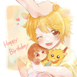 1boy 1girl blonde_hair blush brown_eyes character_doll delicious_party_precure doll hanamichi_ran headpat highres holding holding_doll mem-mem_(precure) mem-mem_(precure)_(human) one_eye_closed open_mouth precure shigen_pr shirt short_hair upper_body yellow_shirt