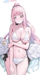 1girl absurdres angel_wings aqua_hair bare_shoulders bikini blank_eyes blue_archive blush breasts cleavage closed_mouth collarbone feathered_wings gradient_hair hair_ornament hair_scrunchie halo hand_on_own_arm highres large_breasts long_hair looking_to_the_side low_wings mika_(blue_archive) multicolored_hair navel nephthys2356 pink_hair pink_halo purple_scrunchie scrunchie simple_background solo stomach sweat swimsuit thighs two-tone_hair white_background white_bikini white_wings wings