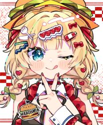 Rule 34 | 1girl, :q, akai haato, blonde hair, blue eyes, blush stickers, braid, breasts, closed mouth, commentary request, food-themed hat, fork hair ornament, hair ornament, hand up, heart, heart hair ornament, highres, hololive, knife hair ornament, large breasts, long hair, looking at viewer, nail polish, notamaru 2, portrait, red nails, smile, solo, tongue, tongue out, twin braids, virtual youtuber, wrist cuffs