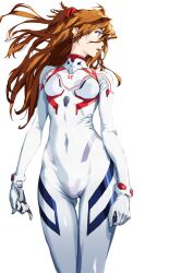 arms_at_sides blue_eyes bodysuit breasts brown_hair covered_navel curvy evangelion:_3.0+1.0_thrice_upon_a_time floating_hair gloves hands_on_own_hips headgear highres interface_headset_(evangelion) kiyohisa long_hair looking_away looking_to_the_side mecha_pilot_suit multiple_girls neon_genesis_evangelion open_mouth plugsuit_(evangelion) rebuild_of_evangelion shiny_clothes skin_tight solo source_request souryuu_asuka_langley transparent_background very_long_hair white_bodysuit wide_hips wind