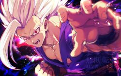 Rule 34 | 1boy, bb m0024, blurry, blurry background, bright pupils, clenched hand, collarbone, commentary request, dougi, dragon ball, dragon ball super, dragon ball super super hero, floating hair, gohan beast, looking at viewer, male focus, motion blur, muscular, muscular male, open mouth, purple dougi, reaching, reaching towards viewer, red eyes, red sash, sash, short hair, single bang, solo, son gohan, spiked hair, teeth, torn clothes, transformation, upper body, white hair, white pupils, wristband