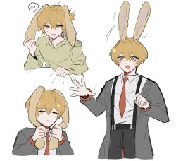 Rule 34 | 1boy, ?, ??, alternate costume, animal ears, black pants, black suit, blonde hair, blush, closed mouth, collared shirt, cowboy shot, formal clothes, green shirt, hair between eyes, hand up, highres, holding own ears, limbus company, midd1echi, necktie, open mouth, pants, project moon, rabbit boy, rabbit ears, red necktie, shirt, short hair, simple background, sinclair (project moon), solo, suit, suspenders, white background, white shirt, yellow eyes