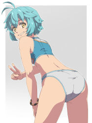 1girl ahoge antenna_hair blue_hair border bracelet chiharu_(9654784) double-parted_bangs eiyuu_densetsu from_behind gradient_background grey_background grin hair_between_eyes hajimari_no_kiseki highres jewelry looking_at_viewer millium_orion panties pantyshot short_hair simple_background smile solo sports_bra underwear v white_border white_panties yellow_eyes