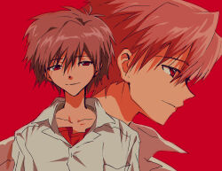 1boy breast_pocket collared_shirt fishcoooo grey_hair hair_between_eyes highres light_smile male_focus multiple_views nagisa_kaworu neon_genesis_evangelion pocket red_background red_eyes red_shirt shirt short_hair simple_background undershirt upper_body white_shirt