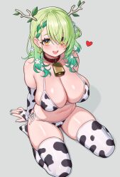 1girl absurdres animal_print antlers bell bikini blush braid braided_bangs breasts ceres_fauna cleavage commentary cow_print cow_print_bikini cow_print_gloves cow_print_thighhighs cowbell english_commentary flower gloves green_hair green_nails hair_branch hair_flower hair_ornament heart highres hololive hololive_english horns jewelry large_breasts long_hair looking_at_viewer mole mole_under_eye moursho multicolored_hair navel neck_bell print_bikini print_gloves print_thighhighs side-tie_bikini_bottom simple_background sitting smile solo swimsuit thighhighs virtual_youtuber white_background yellow_eyes
