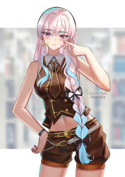 1girl :t absurdres airani_iofifteen airani_iofifteen_(military_casual) akanora artist_name belt blue_hair blush braid breasts brown_necktie brown_shorts brown_vest buttons cheek_poking commentary contrapposto cowboy_shot cropped_shirt cropped_vest double-breasted gold_trim gradient_hair grey_hair hair_over_shoulder hand_on_own_hip highres hololive hololive_indonesia long_hair long_sidelocks looking_at_viewer medium_breasts midriff multicolored_hair navel necktie no_headwear no_jacket official_alternate_costume paint_splatter paint_splatter_on_face pink_hair poking purple_eyes shirt short_necktie shorts side_braid sidelocks sleeveless sleeveless_shirt solo swept_bangs very_long_hair vest virtual_youtuber white_belt white_shirt wristband