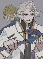 2boys badge black_nails blonde_hair choker closed_mouth ear_piercing earrings facial_tattoo facing_away forehead_tattoo gold_trim grey_background hades_(shuumatsu_no_valkyrie) half-closed_eyes hands_up highres holding holding_polearm holding_weapon jacket jewelry leaf_tattoo long_sleeves looking_down male_focus multiple_boys nail_polish pectoral_cleavage pectorals piercing polearm poseidon_(shuumatsu_no_valkyrie) purple_eyes shirt short_hair shuumatsu_no_valkyrie solo_focus spiked_choker spikes tattoo trident weapon white_hair white_jacket