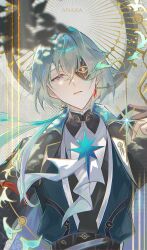 Rule 34 | 1boy, absurdres, anaxa (honkai: star rail), aqua eyes, aqua hair, ascot, belt, black gloves, black jacket, character name, crystal earrings, earrings, eyepatch, fingerless gloves, gloves, gold trim, green shirt, grey eyes, hair between eyes, highres, honkai: star rail, honkai (series), jacket, jewelry, long hair, looking at viewer, low ponytail, male focus, multicolored eyes, parted lips, ponytail, purple eyes, red pupils, roscoe (onyx black89), shirt, single earring, solo, tree shade, two-tone eyes, upper body, white ascot