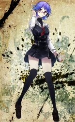 1girl black_dress black_thighhighs blue_hair breasts chaos;child chest_bow cry-planet dress dress_vest full_body glasses hair_between_eyes hand_in_own_hair hekiho_academy hekiho_academy_school_uniform high_collar highres holding kazuki_hana large_breasts loafers lollipop_in_mouth long_sleeves looking_at_viewer miniskirt necktie purple_eyes red-framed_eyewear red_necktie sailor_collar sailor_shirt school_uniform shirt shoes short_hair short_necktie sidelocks skirt solo standing sumo_sticker_(chaos;child) sweater thick_thighs thighhighs thighs turtleneck turtleneck_sweater white_sailor_collar zettai_ryouiki