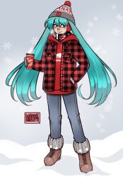 1girl aqua_eyes aqua_hair artist_name beanie boots brown_boots canada cup flannel full_body gloves grey_gloves grey_pants hand_in_pocket hat hatsune_miku highres holding holding_cup hood hoodie long_hair long_sleeves maddiebiscuits pants plaid_clothes plaid_shirt red_hoodie red_shirt shirt smile snowflakes solo standing twintails very_long_hair vocaloid winter_clothes worldwide_miku