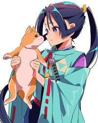 1boy animal black_hair bow crest dog family_crest hair_tie happy holding holding_animal holding_dog houjou_tokiyuki_(nige_jouzu_no_wakagimi) japanese_clothes kariginu long_hair long_sleeves looking_at_animal male_focus mitsu_uroko nige_jouzu_no_wakagimi ponytail purple_eyes ribbon-trimmed_sleeves ribbon_trim sanamaru_(sana79261827) shiba_inu sidelocks_tied_back simple_background smile solo upper_body very_long_hair white_background