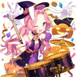 1girl animal_ears blue_eyes dress drum drum_set drumsticks ghost hat holding holding_drumsticks instrument kaguya_fullmoon long_hair off_shoulder one_eye_closed open_mouth pink_hair pumpkin purple_dress purple_hat rabbit_ears salt_(salty) uchi_no_hime-sama_ga_ichiban_kawaii wavy_hair